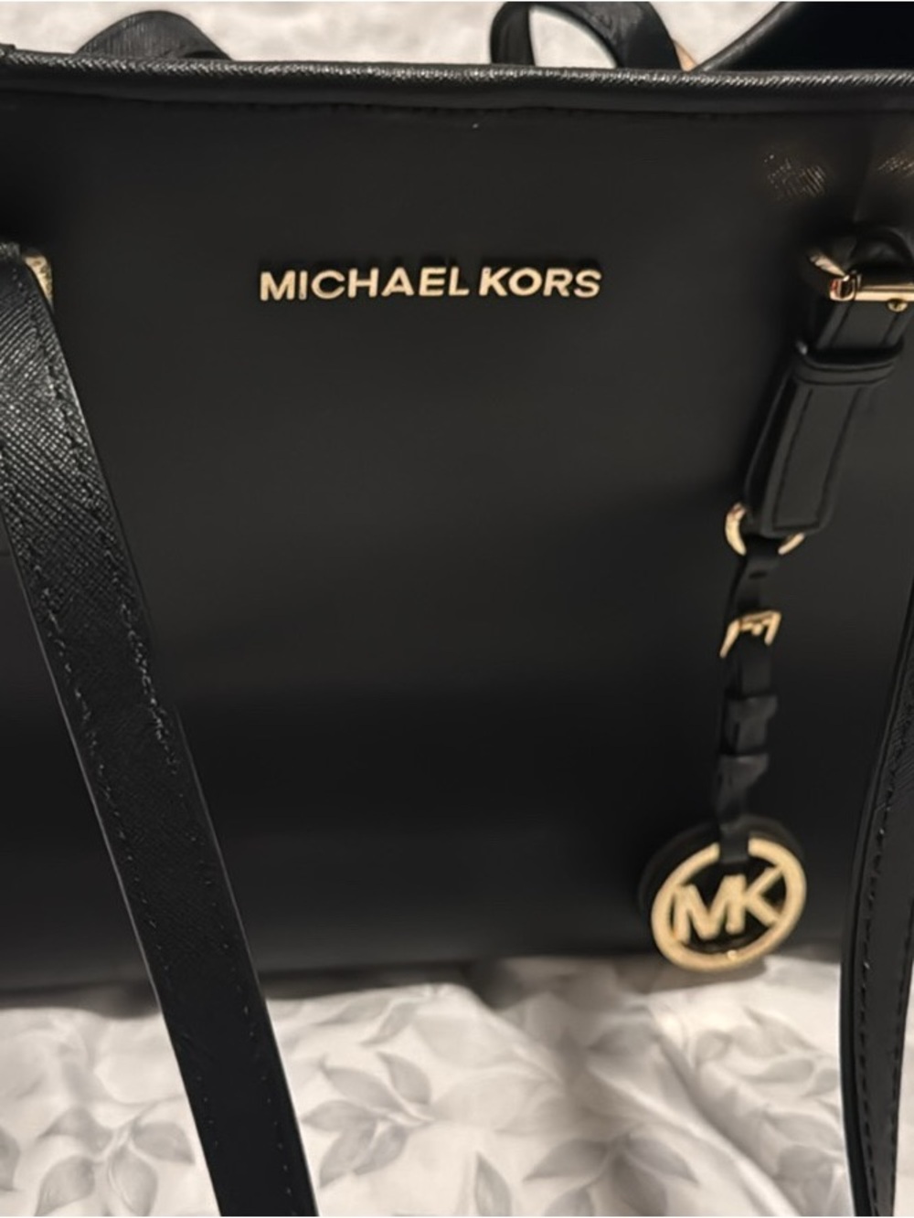 Michael Kors Black Leather Tote with Gold Logo Charm